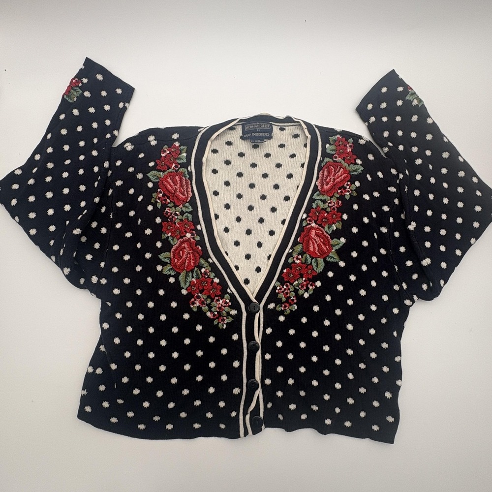 Vintage Herman Geist Sweater Womens Medium Polka Dot Floral Cardigan Hong‎ Kong